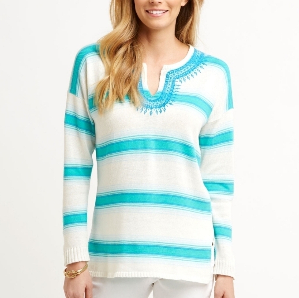 Vineyard Vines coastal beachy linen blend stripe embroidered blue white sweater
